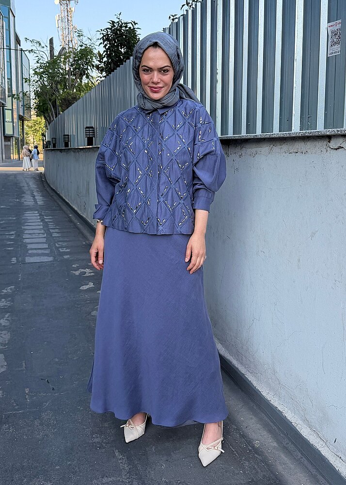 Qupra Gömleği Taşlı Etekli Takım İNDİGO