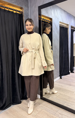 Qupra Önü Düğmeli Kuşaklı Kaban EKRU - 3
