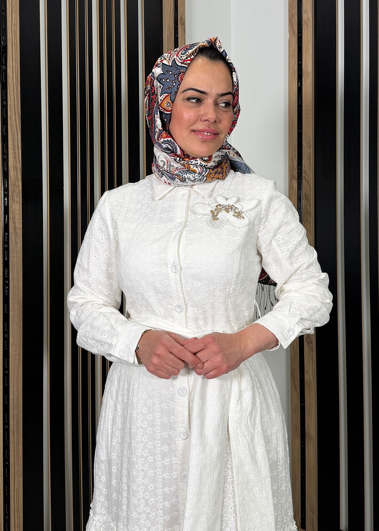 Qupra Yıldız Desenli Brode Elbise EKRU - 2