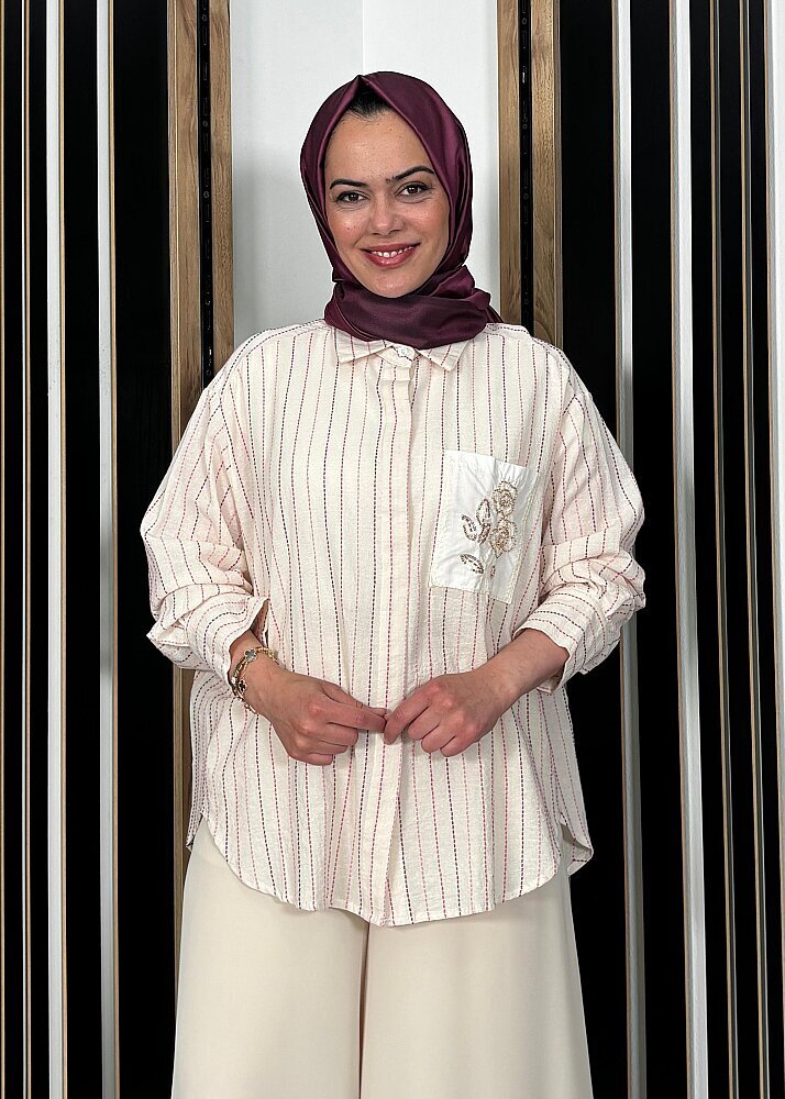 Sempre Nakış Çizgili Gömlek Pink