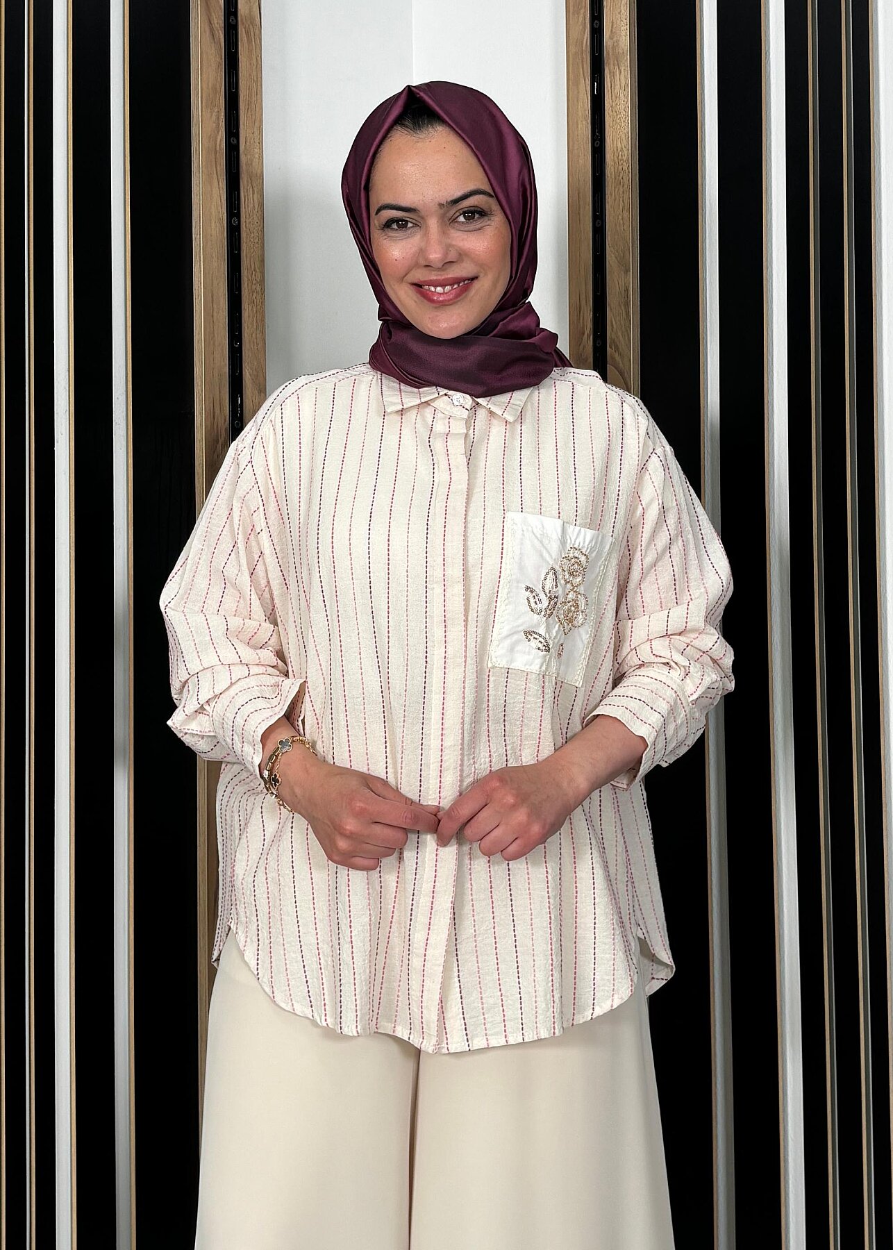 Sempre Nakış Çizgili Gömlek Pink - 1