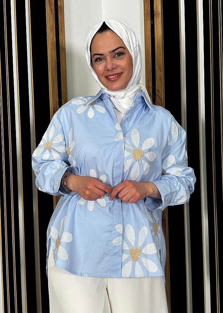 Sempre Pul Çiçek İşlemeli Gömlek BLUE - 4