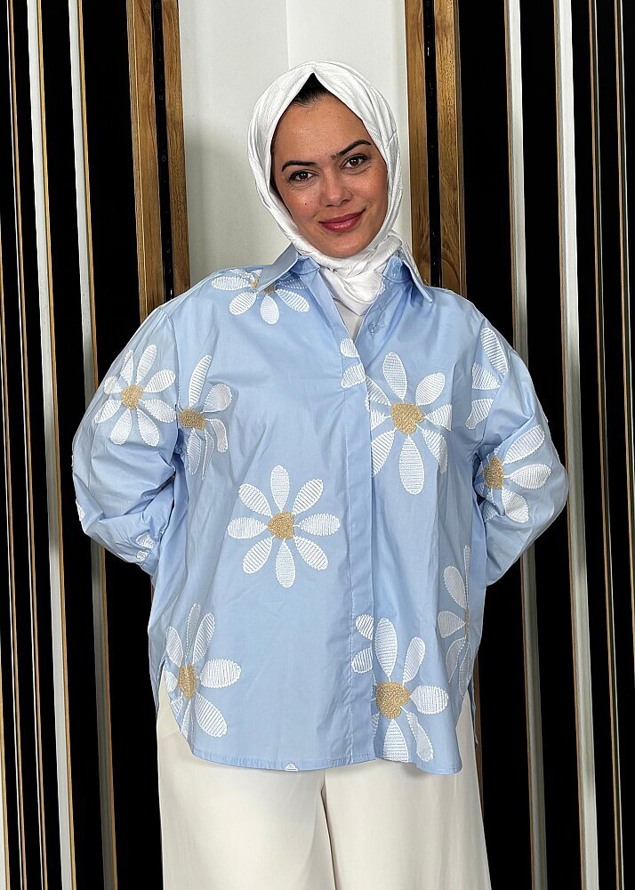 Sempre Pul Çiçek İşlemeli Gömlek BLUE