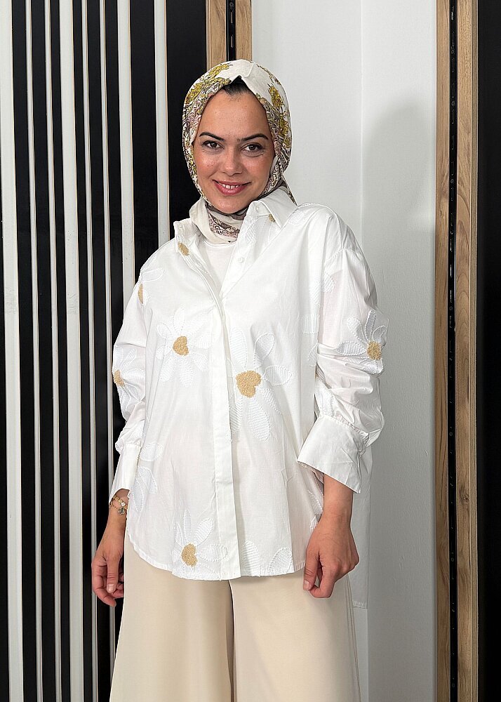 Sempre Pul Çiçek İşlemeli Gömlek IVORY - 2