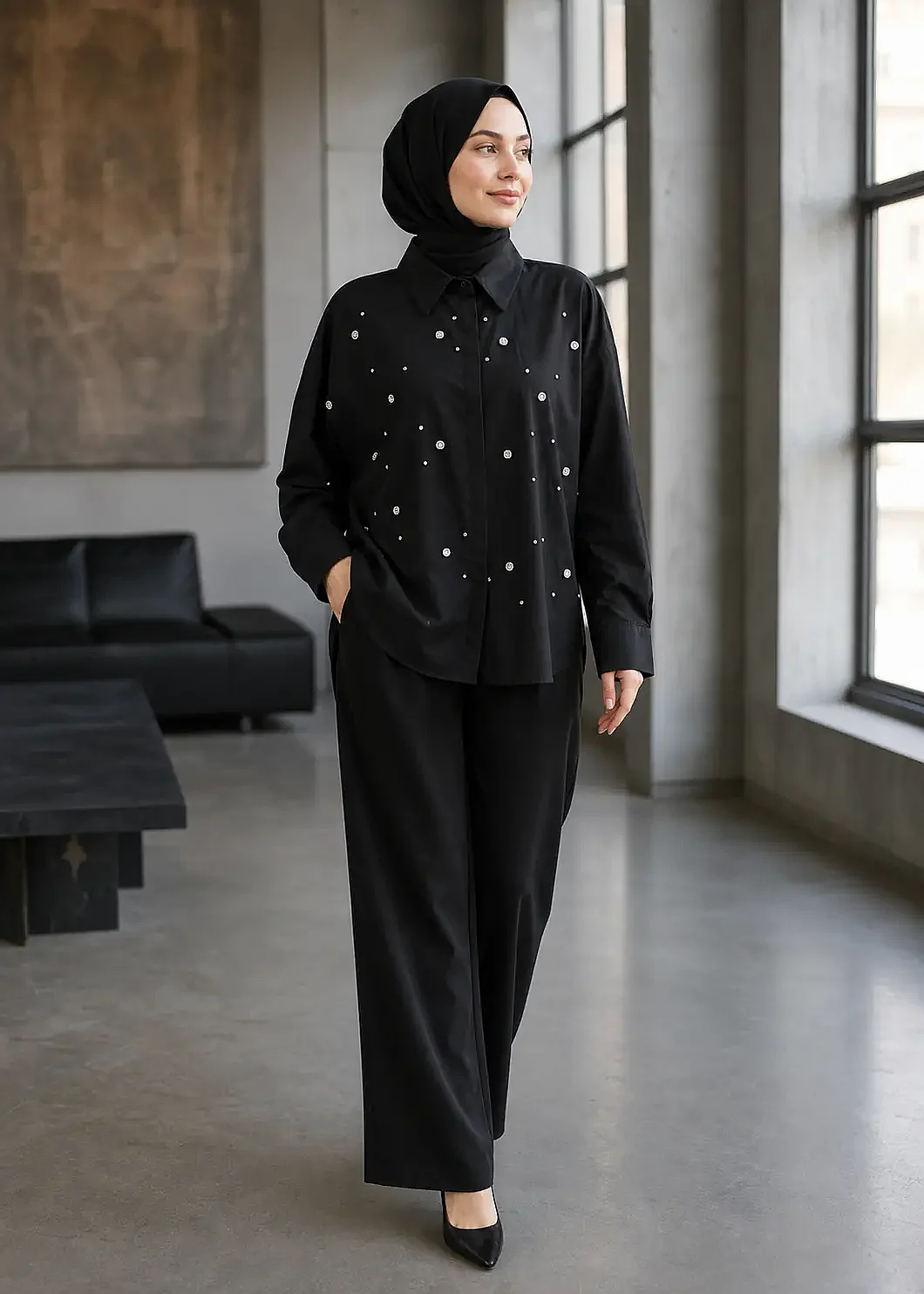 Sempre Taş Detaylı Gömlek BLACK - 1