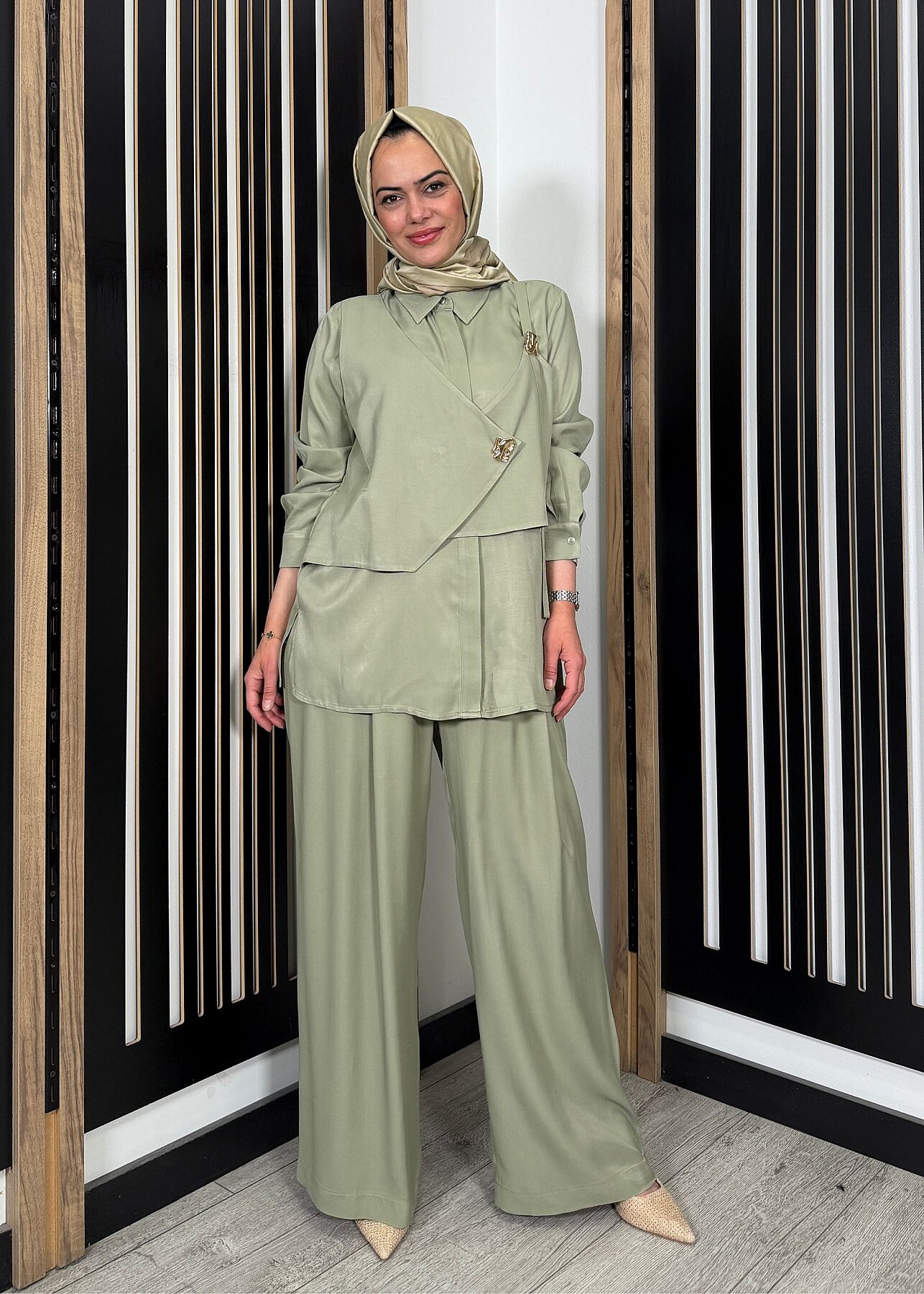 Si Design Beli Lastikli Bol Paça Pantolon KHAKİ - 4