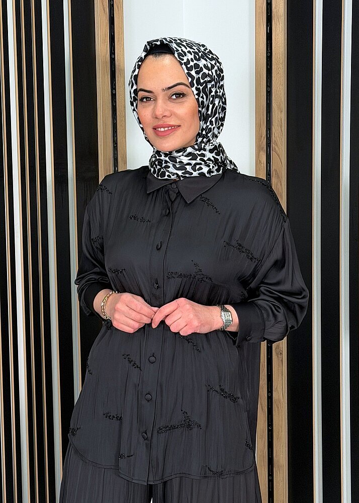 Si Design Boncuk İşlemeli Uzun Kollu Gömlek BLACK (1)