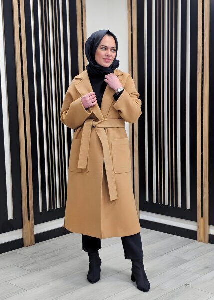 Si Design Kruvaze Kaşe Kaban CAMEL