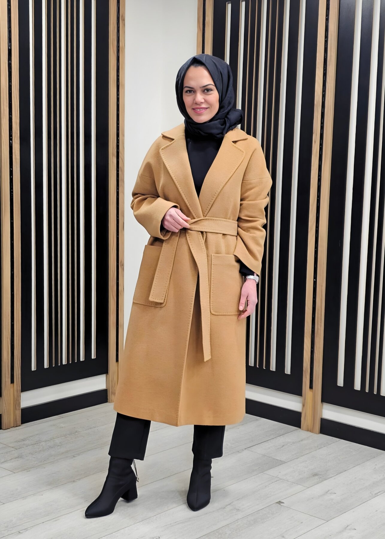 Si Design Kruvaze Kaşe Kaban CAMEL - 2