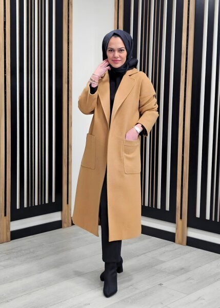 Si Design Kruvaze Kaşe Kaban CAMEL - 3