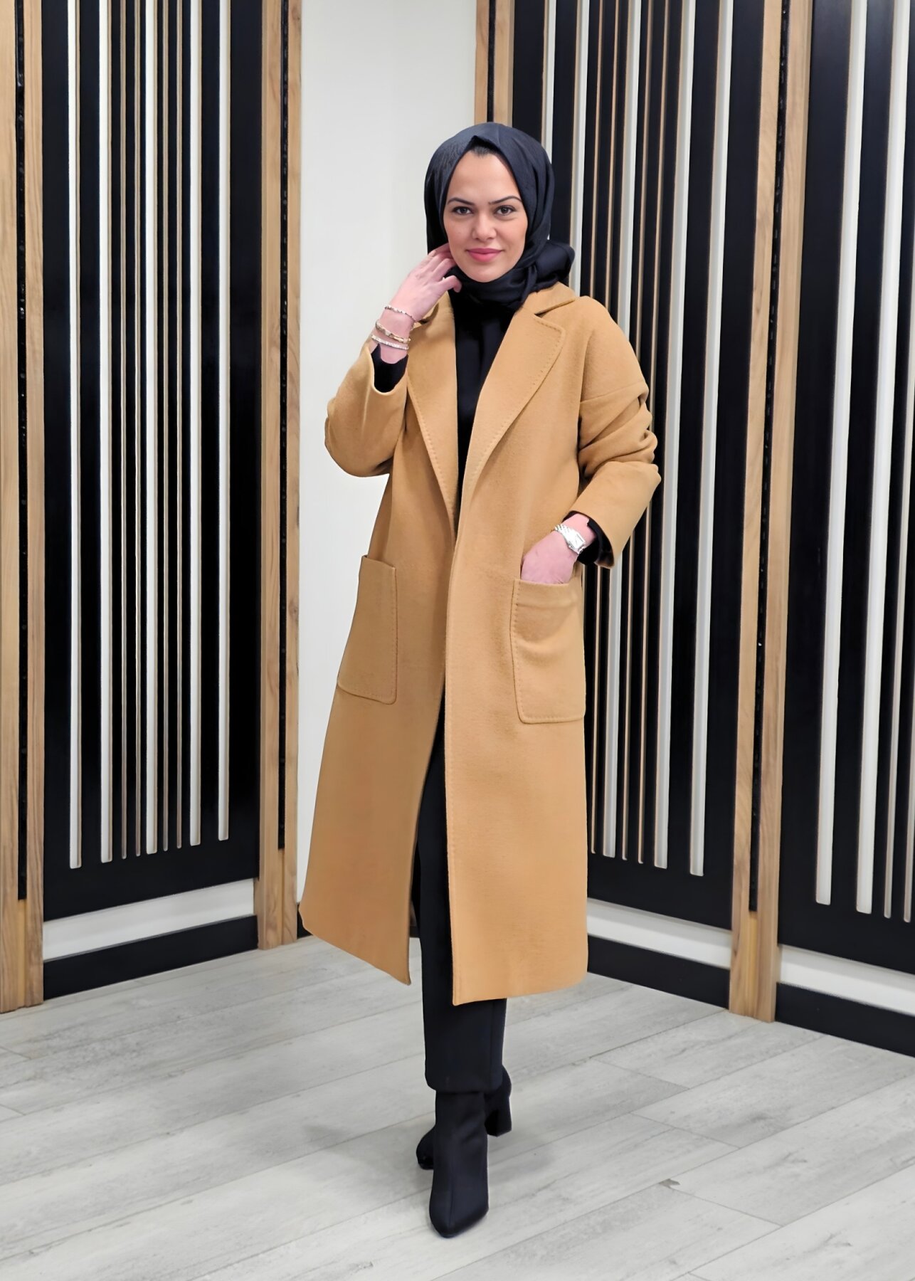 Si Design Kruvaze Kaşe Kaban CAMEL - 3