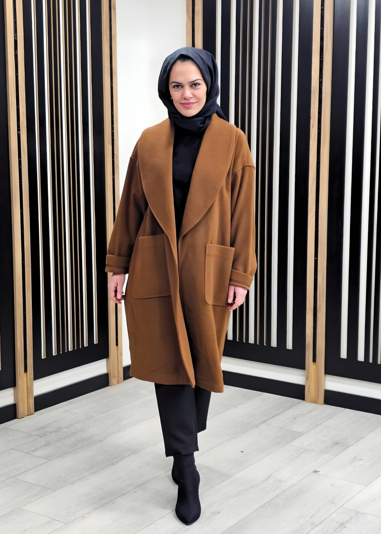 Si Design Şal Yaka Kaşe Kaban KAHVE - 1