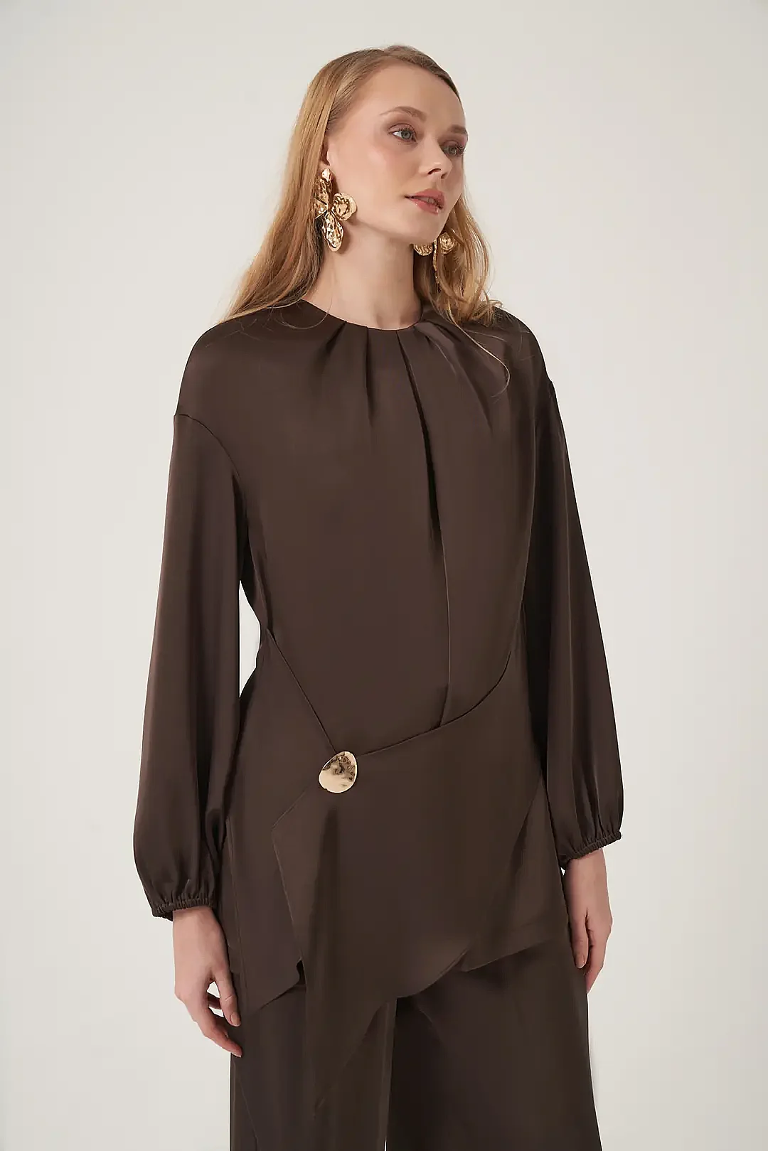 Si Design Saten Bluz KAHVE - 3