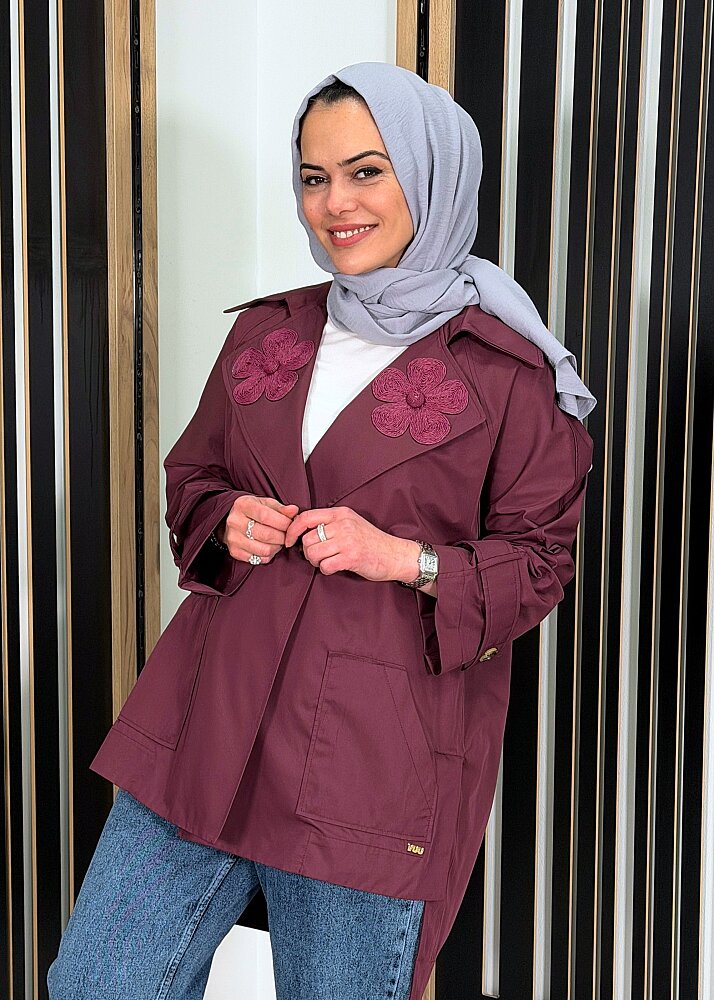 Vuu Arkası Uzun Oversize Ceket BORDO - 2