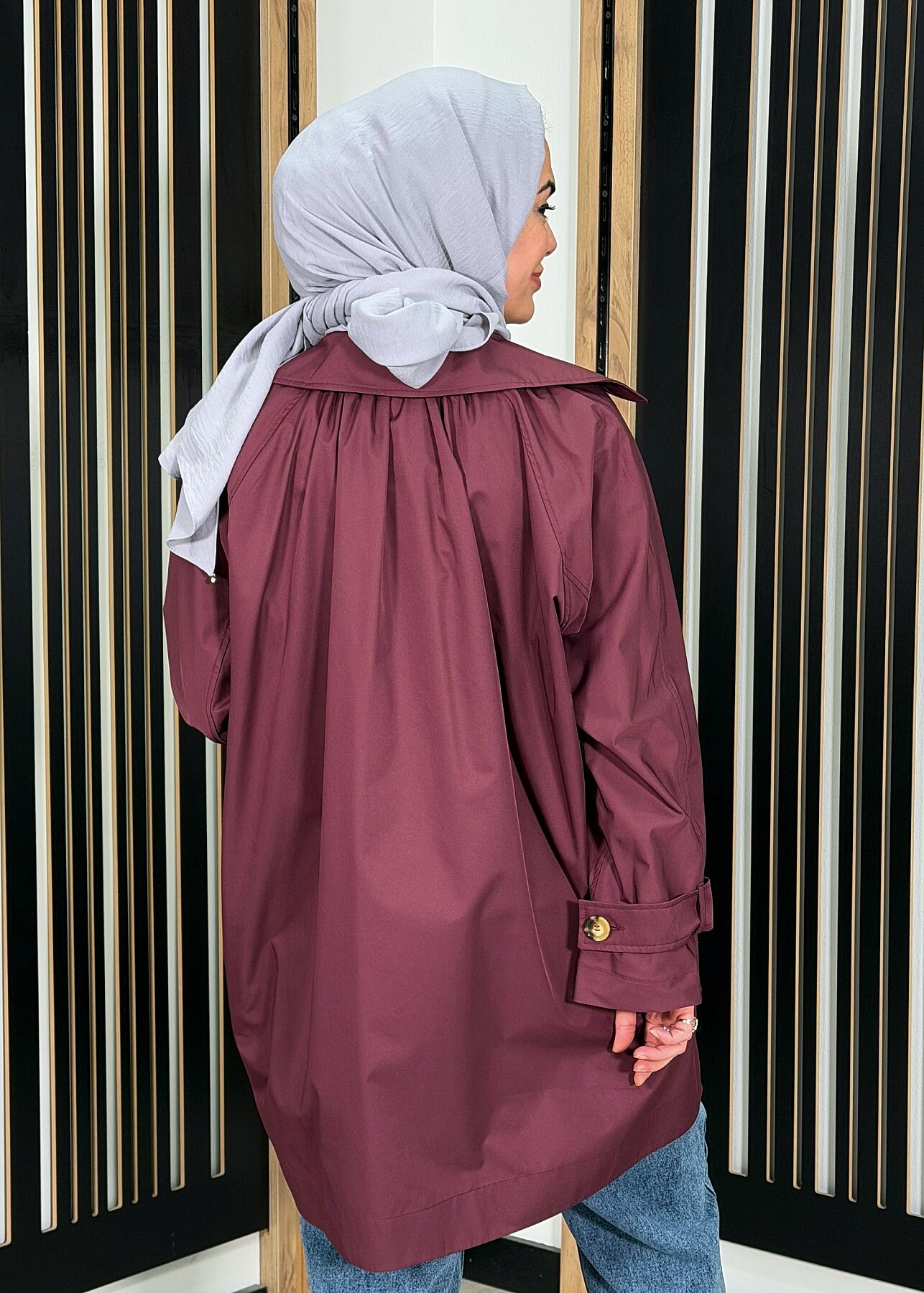 Vuu Arkası Uzun Oversize Ceket BORDO - 3