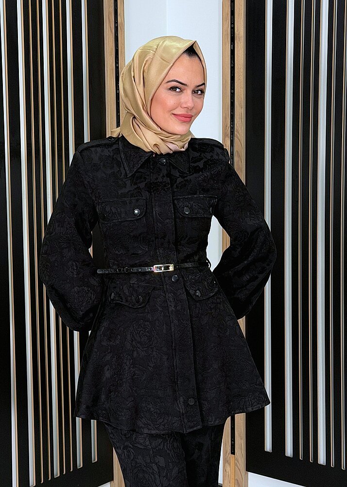Vuu Çiçek Jakarlı Siyah Peplum Gömlek SİYAH (1)
