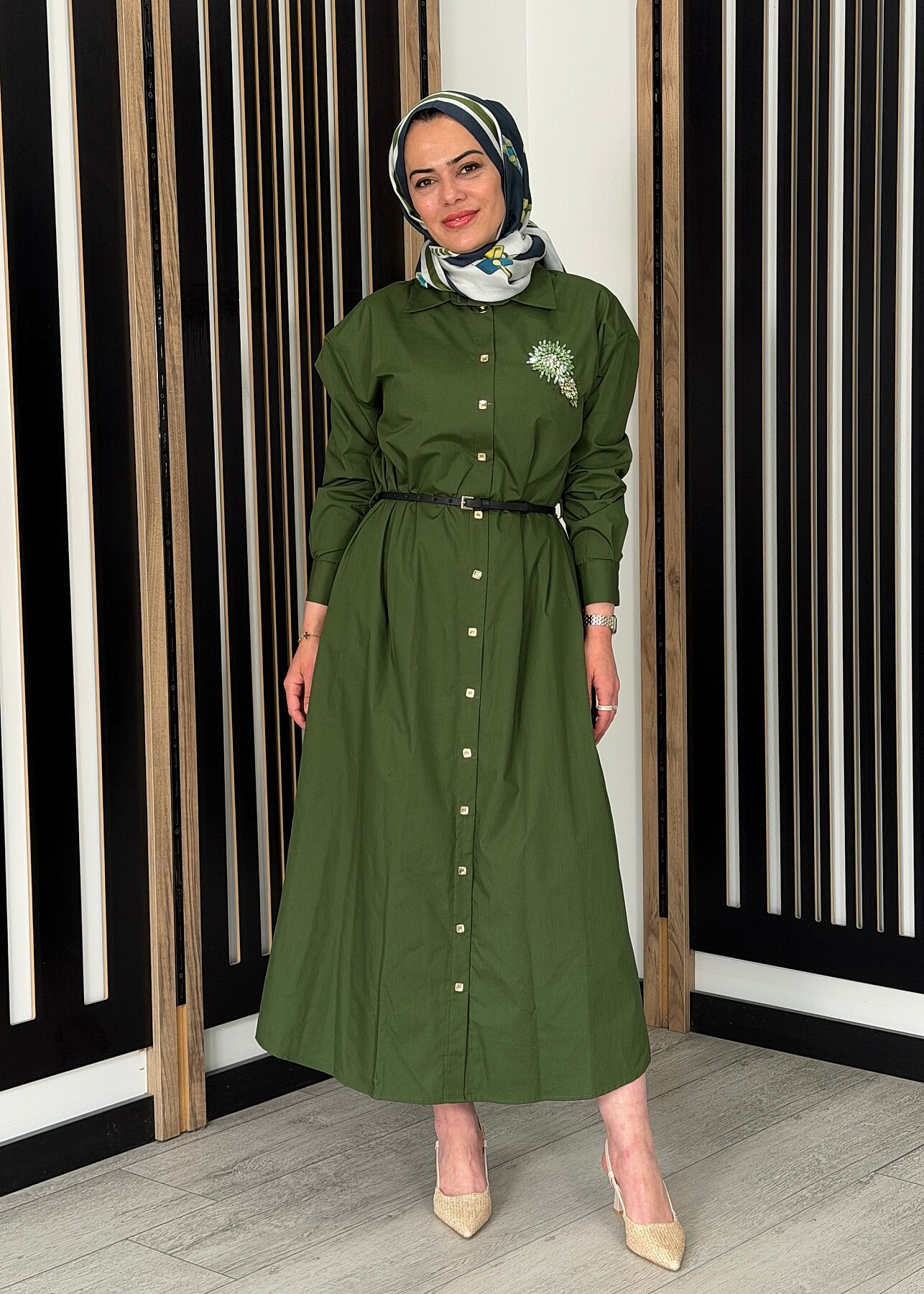 Vuu Kemerli Poplin Elbise HAKİ - 3