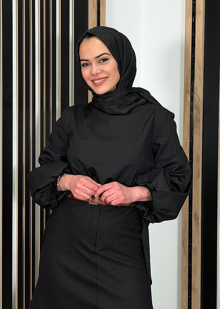 Vuu Yakası Büzgülü Gömlek SİYAH - 3
